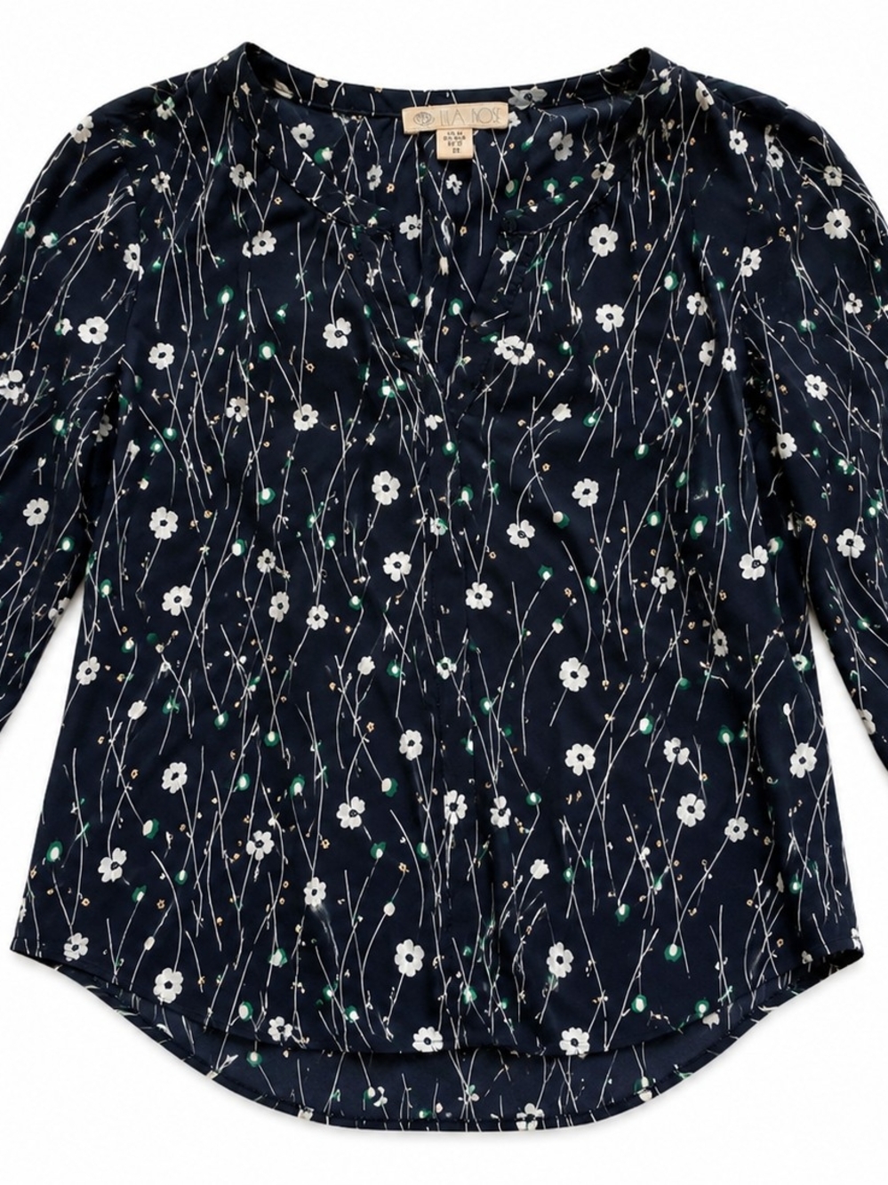 Lila Rose Navy Floral 3/4 Sleeve Blouse Size M Made in USA